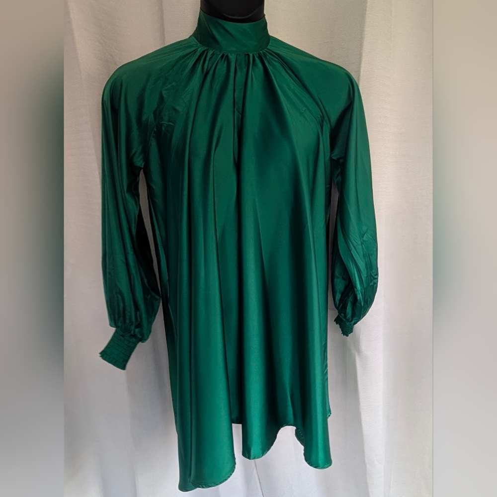 Emerald Green High Shine High tie neck Long Sleeve Flowing Aura Dress - Picture 8 of 16